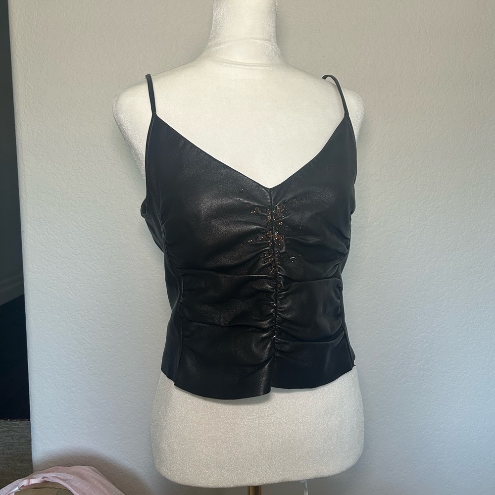 Armani Collezioni Black Faux-Leather Ruched Cami
